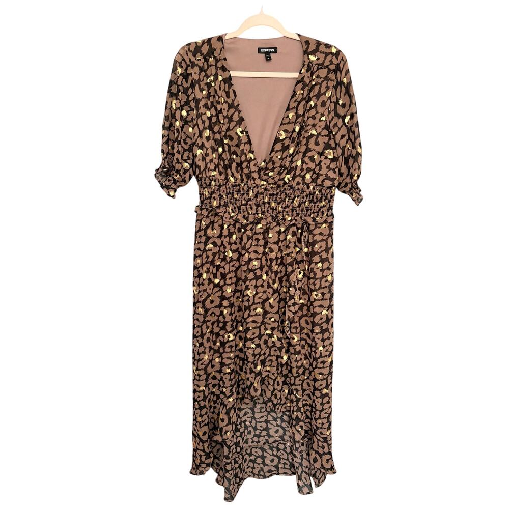 Express Brown Leopard Print Gold Foil High Low Smocked Ruffle Maxi Dress L